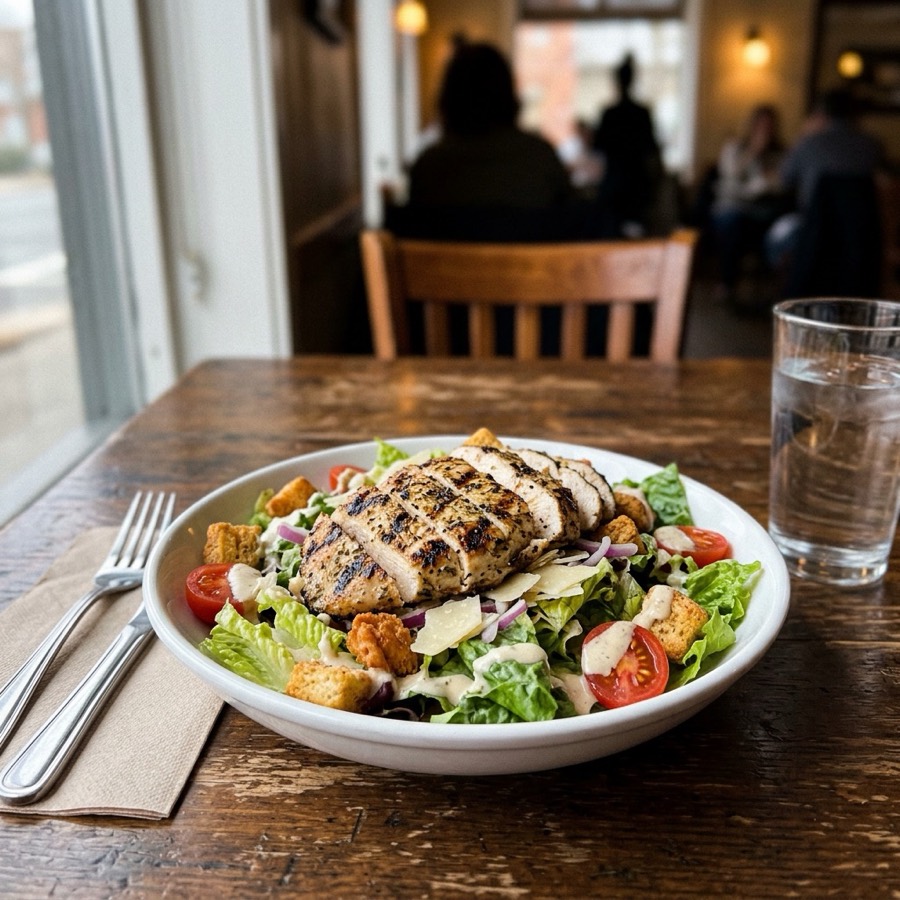 Grilled chicken salad in a restaurant